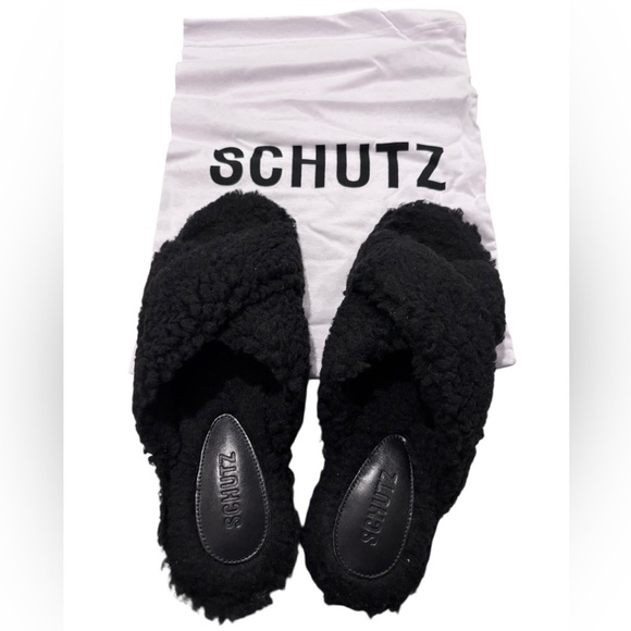 SCHUTZ Shoes - Schutz Dynora Black Faux Shearling Lounge Casual Sandal Slippers with Dust Bag
